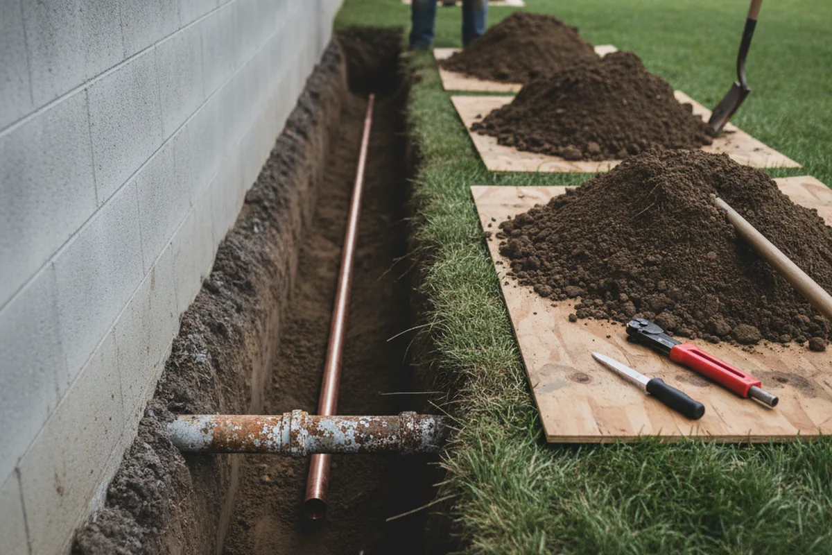 Excavated water line trench during Water Heater Repair in Four Lakes